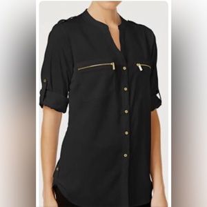 Calvin Klein XL Black Zip Pocket Utility Gold Tone Button V-Neck Women’s Top